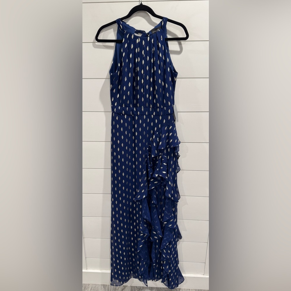 Betsy & Adam blue Metallic Ruffle Halter Gown - Picture 3 of 7
